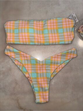 Billabong women’s Pastel Plaid Bandeau Bikini Set - Pink, Mint & Yellow